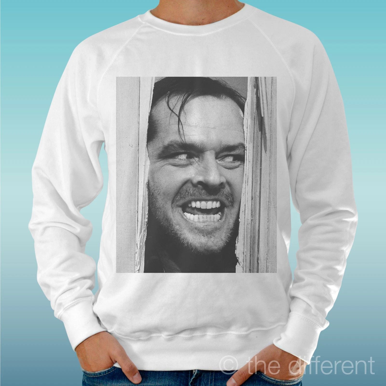 Felpa Man Light Sweater White " Jack Nicholson Shining " Road To Happiness Unisex T-shirt, Sweatshirt, Hoodie, Long Sleeve Tee - T-Shirt, Sweatshirt, Hoodie