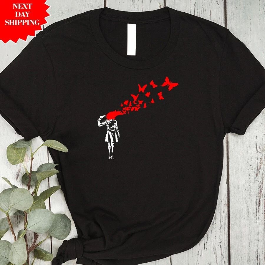 Banksy Butterfly Suicide T Shirt Printed Art Butterflies Girl Unisex Summer Top Unisex T-shirt, Sweatshirt, Hoodie, Long Sleeve Tee - T-Shirt, Sweatshirt, Hoodie