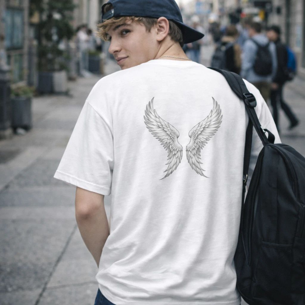 Shinora Angel Wings T-Shirt White  Minimal Streetwear Back Print Tee Unisex Unisex T-shirt, Sweatshirt, Hoodie, Long Sleeve Tee - T-Shirt, Sweatshirt, Hoodie