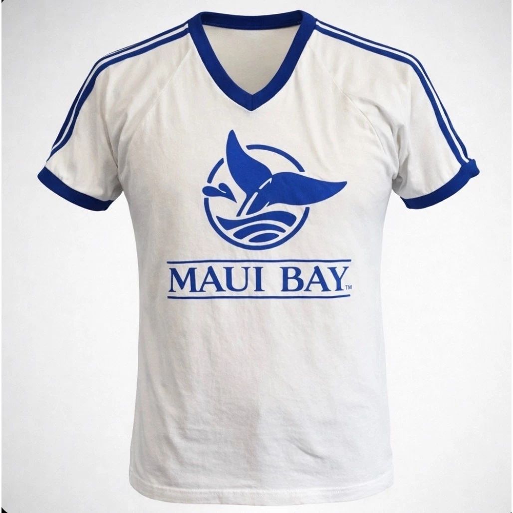 Vintage Maui Bay Capped Sleeve T-Shirt Blue White V-Neck 80s Whale Hawaii USA L Unisex T-shirt, Sweatshirt, Hoodie, Long Sleeve Tee - T-Shirt, Sweatshirt, Hoodie