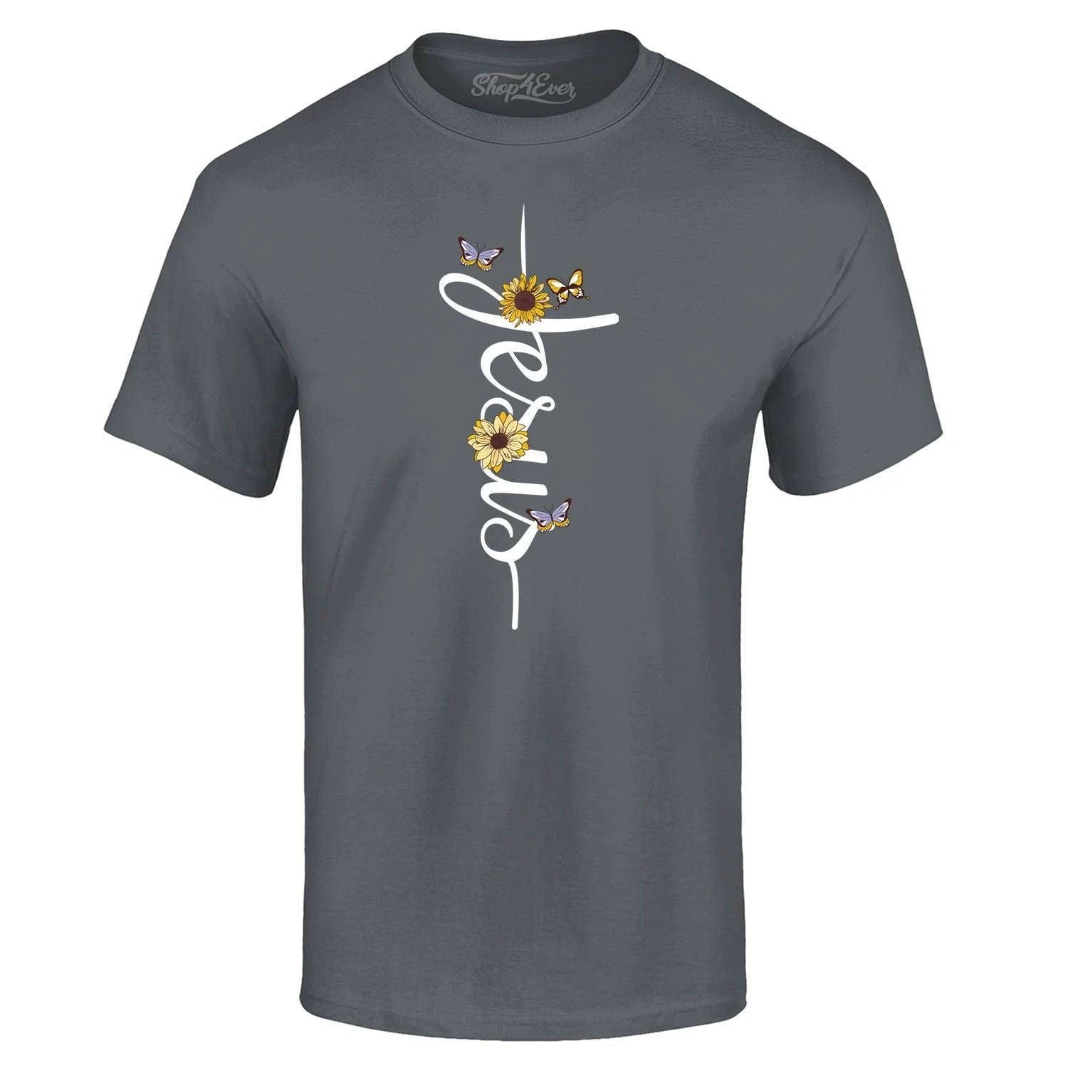 Jesus Script Cross Flowers and Butterflies T-shirt Religious Shirts Unisex T-shirt, Sweatshirt, Hoodie, Long Sleeve Tee - T-Shirt, Sweatshirt, Hoodie