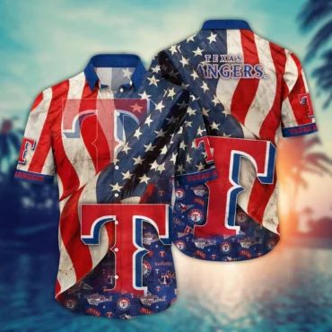 Texas Rangers Stars & Stripes Hawaiian Shirt Unisex T-shirt, Sweatshirt, Hoodie, Long Sleeve Tee - T-Shirt, Sweatshirt, Hoodie