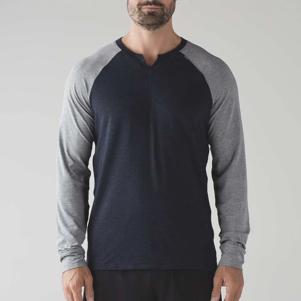 Lululemon Bodhi Long Sleeve Shirt Mens Size M Split Neck Raglan Sleeve Gray Blue Unisex T-shirt, Sweatshirt, Hoodie, Long Sleeve Tee - T-Shirt, Sweatshirt, Hoodie