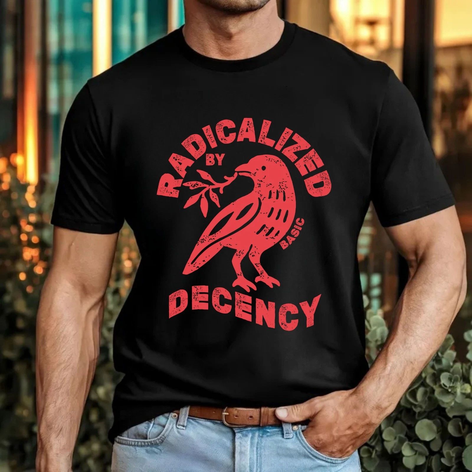 Radicalized By Basic Decency Bird T-Shirt Peace Olive Branch Quote Gift Tee Top Unisex T-shirt, Sweatshirt, Hoodie, Long Sleeve Tee - T-Shirt, Sweatshirt, Hoodie