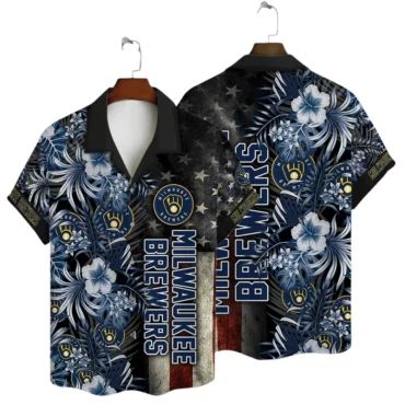 Milwaukee Brewers Patriotic Floral Hawaiian Shirt Unisex T-shirt, Sweatshirt, Hoodie, Long Sleeve Tee - T-Shirt, Sweatshirt, Hoodie