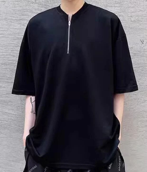 men's Korean version trend V-neck zipper design Simple temperament short sleevee Unisex T-shirt, Sweatshirt, Hoodie, Long Sleeve Tee - T-Shirt, Sweatshirt, Hoodie