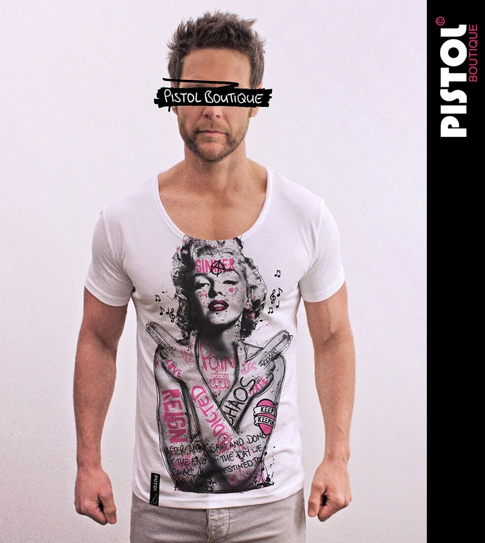 Pistol Boutique Men's White Round Scoop Neck GRAFFITI TATTOOS MONROE T-shirt Unisex T-shirt, Sweatshirt, Hoodie, Long Sleeve Tee - T-Shirt, Sweatshirt, Hoodie