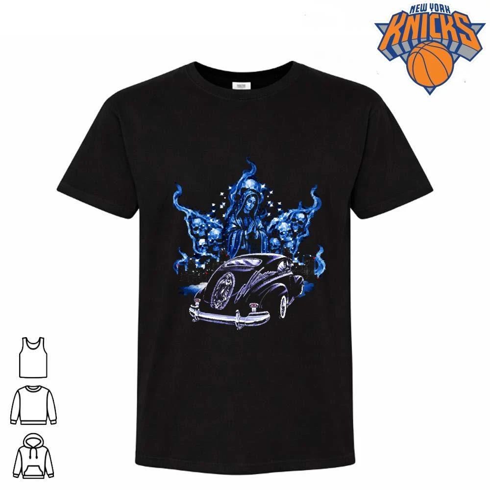 Chicano Art Virgin Mary Airbrush Lowrider Car Blue Flames Smoke Graphic Shirt Unisex T-shirt, Sweatshirt, Hoodie, Long Sleeve Tee - T-Shirt, Sweatshirt, Hoodie