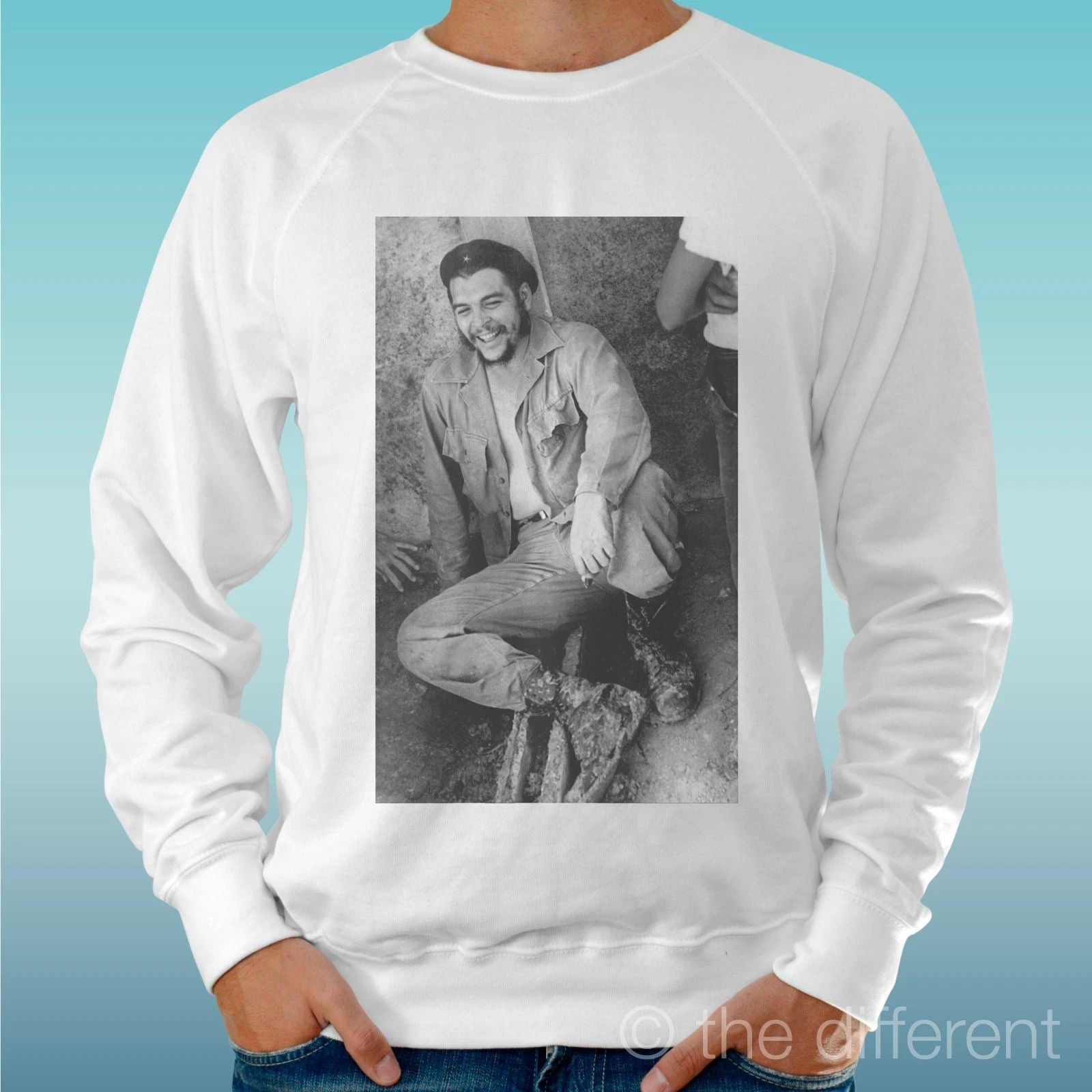 Felpa Man Light Sweater White " Che Guevara Smile " Road To Happiness Unisex T-shirt, Sweatshirt, Hoodie, Long Sleeve Tee - T-Shirt, Sweatshirt, Hoodie