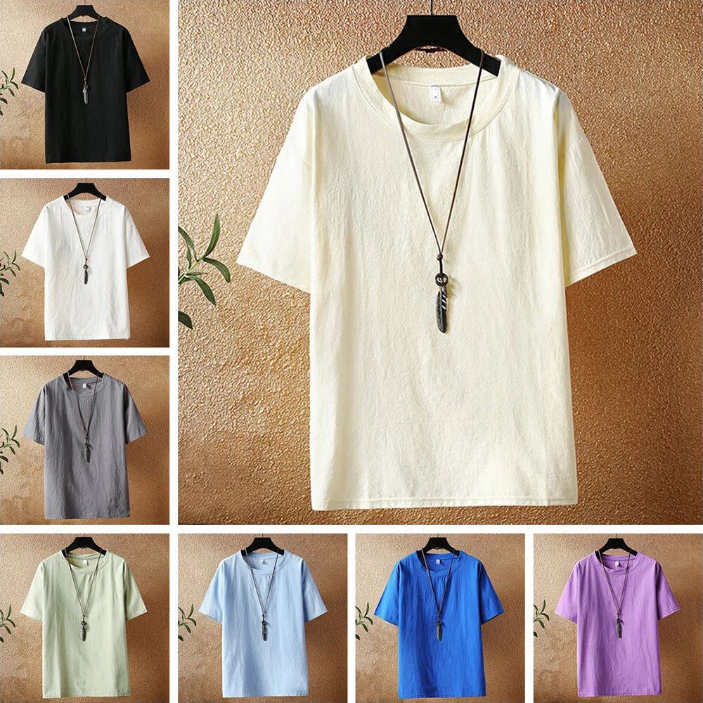 Mens Short Sleeve Crew Neck T-shirt Loose Linen-Look Top Tee shirt Casual Unisex T-shirt, Sweatshirt, Hoodie, Long Sleeve Tee - T-Shirt, Sweatshirt, Hoodie