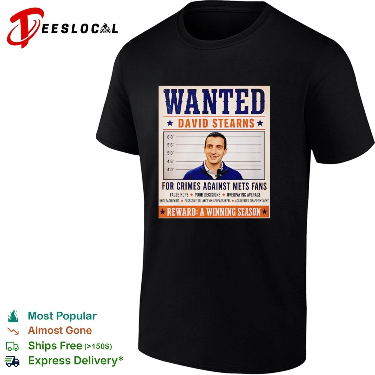 Wanted David Stearns for Crimes Against New York Mets Fans T-shirt Unisex T-shirt, Sweatshirt, Hoodie, Long Sleeve Tee - T-Shirt, Sweatshirt, Hoodie