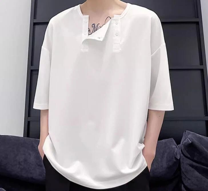 men's personality Buttoned design round neck Simple Korean Summer short sleeves Unisex T-shirt, Sweatshirt, Hoodie, Long Sleeve Tee - T-Shirt, Sweatshirt, Hoodie