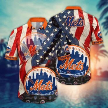 New York Mets American Flag Hawaiian Shirt Unisex T-shirt, Sweatshirt, Hoodie, Long Sleeve Tee - T-Shirt, Sweatshirt, Hoodie