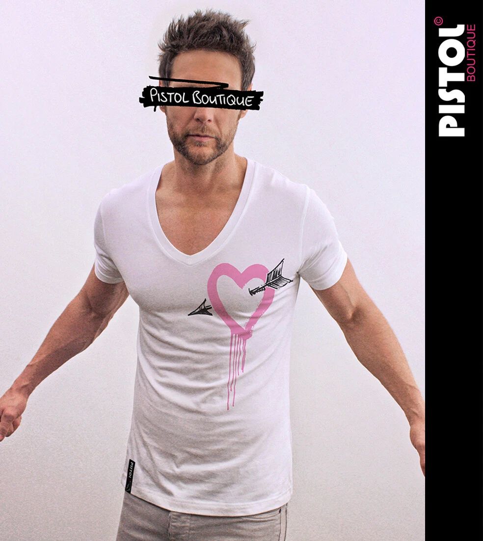 Pistol Boutique men's Fitted White Deep V neck ARROW DRIBBLE HEART T-shirt Unisex T-shirt, Sweatshirt, Hoodie, Long Sleeve Tee - T-Shirt, Sweatshirt, Hoodie