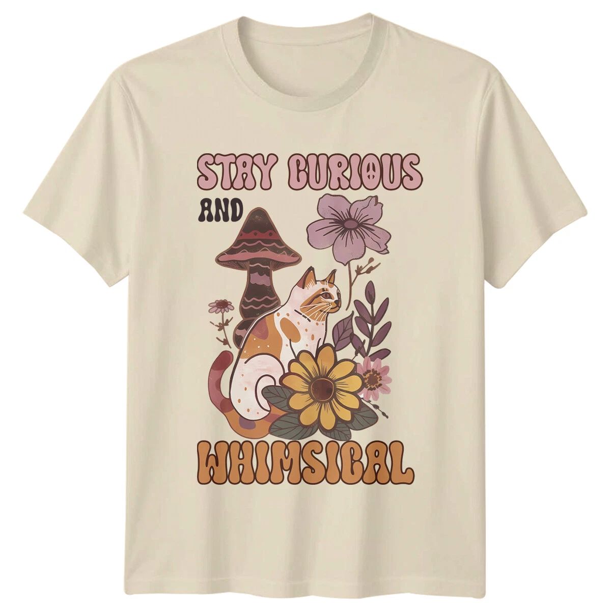 Stay Curious Whimsical Cat Hippie Nature Graphic T-Shirt Unisex T-shirt, Sweatshirt, Hoodie, Long Sleeve Tee - T-Shirt, Sweatshirt, Hoodie