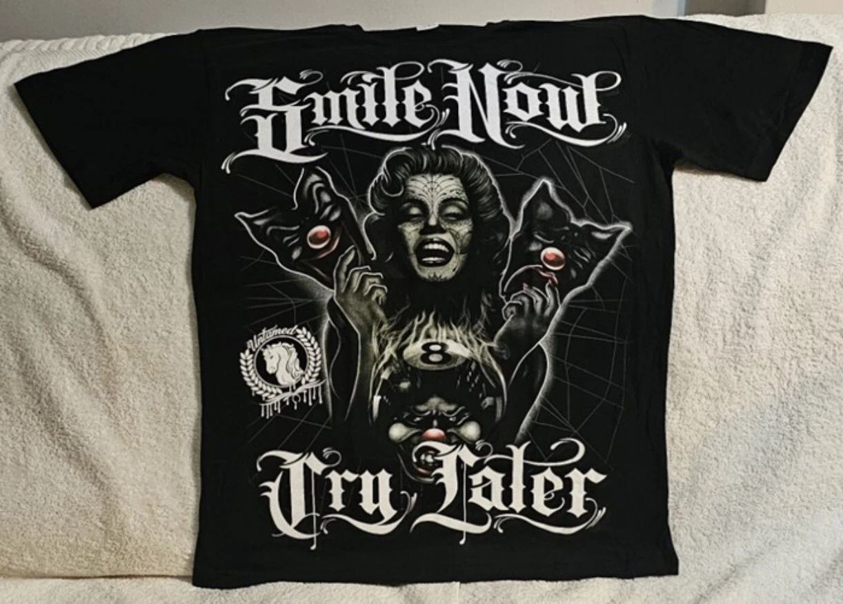 MARILYN MONROE SMILE NOW CRY LATER MASKS 8 BALL UNTAMED TATTOO T-SHIRT SHIRT Unisex T-shirt, Sweatshirt, Hoodie, Long Sleeve Tee - T-Shirt, Sweatshirt, Hoodie