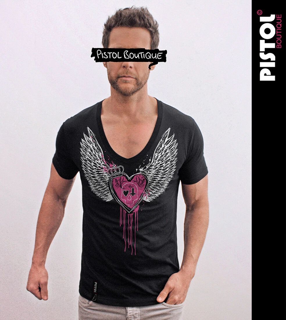 Pistol Boutique men's Fitted Black Deep V neck SKULL CROWN HEART WINGS T-shirt Unisex T-shirt, Sweatshirt, Hoodie, Long Sleeve Tee - T-Shirt, Sweatshirt, Hoodie