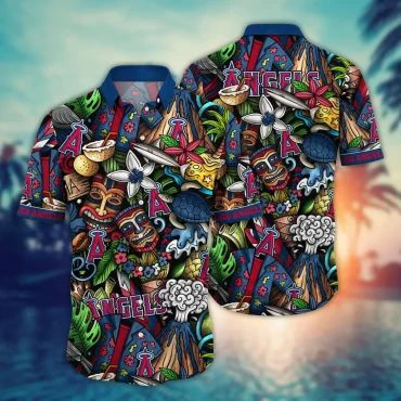 Los Angeles Angels Tiki Volcano Hawaiian Shirt Unisex T-shirt, Sweatshirt, Hoodie, Long Sleeve Tee - T-Shirt, Sweatshirt, Hoodie