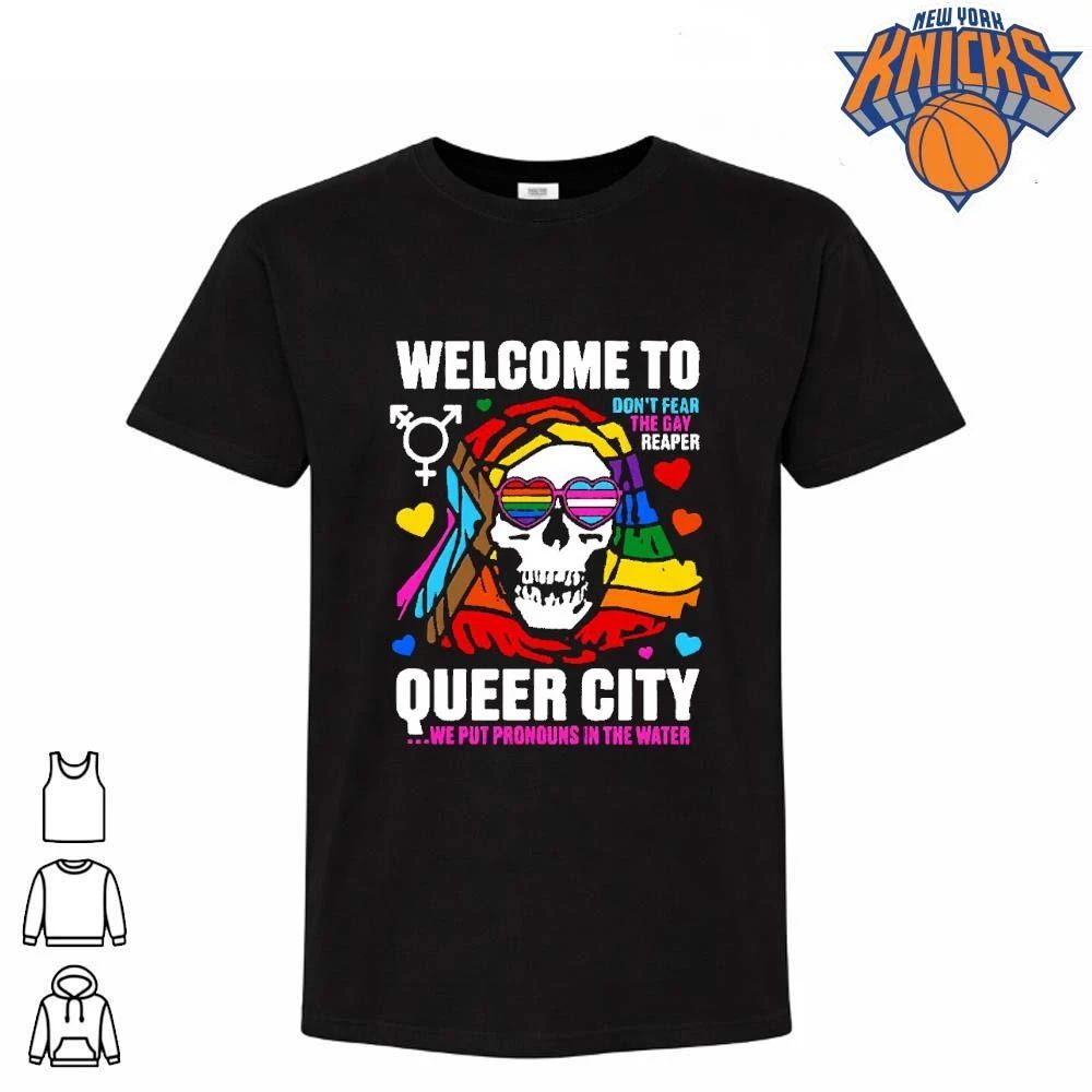 Welcome To Queer City We Put Pronouns In The Water Rainbow Pride Grim Reaper shirt Unisex T-shirt, Sweatshirt, Hoodie, Long Sleeve Tee - T-Shirt, Sweatshirt, Hoodie