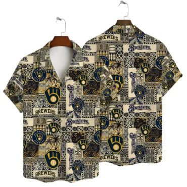 Milwaukee Brewers Tribal Patchwork Hawaiian Shirt Unisex T-shirt, Sweatshirt, Hoodie, Long Sleeve Tee - T-Shirt, Sweatshirt, Hoodie