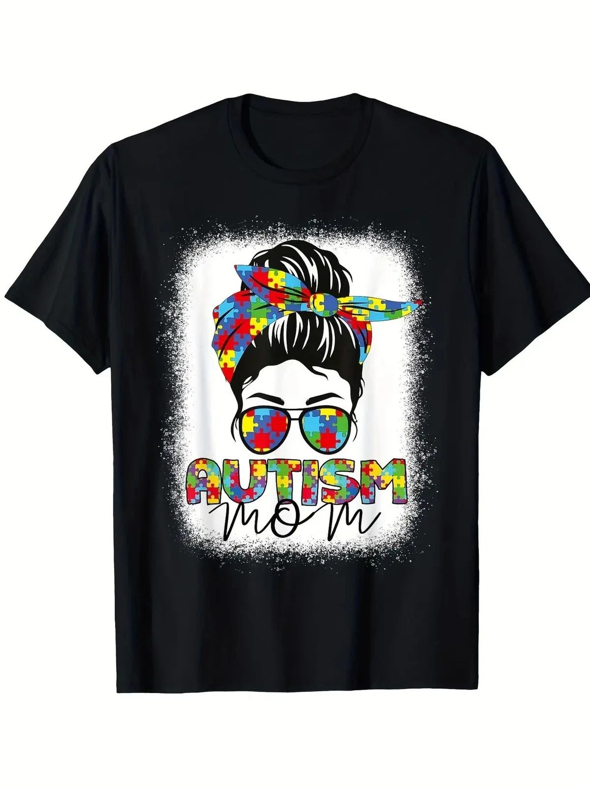 Autism Mom Life Messy Bun Graphic T-Shirt - Black Casual Short Sleeve Cotton Tee Unisex T-shirt, Sweatshirt, Hoodie, Long Sleeve Tee - T-Shirt, Sweatshirt, Hoodie