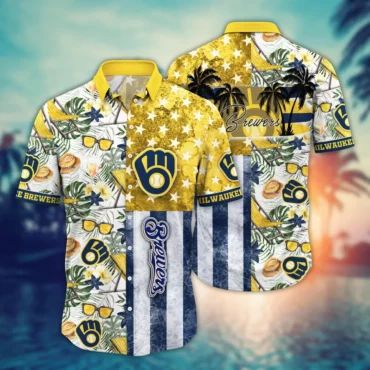 Milwaukee Brewers Tropical Patchwork Hawaiian Shirt Unisex T-shirt, Sweatshirt, Hoodie, Long Sleeve Tee - T-Shirt, Sweatshirt, Hoodie