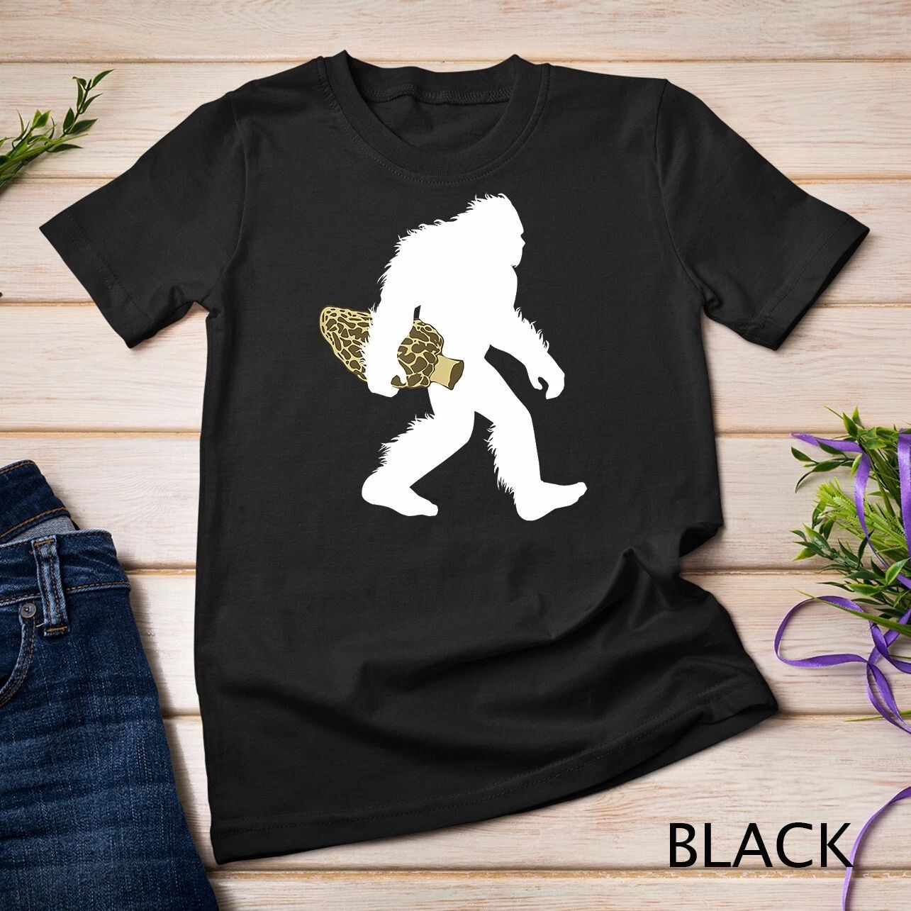 Bigfoot With Morel Mushroom Shirt, Sasquatch Fungi Tee Gift Unisex T-shirt Unisex T-shirt, Sweatshirt, Hoodie, Long Sleeve Tee - T-Shirt, Sweatshirt, Hoodie