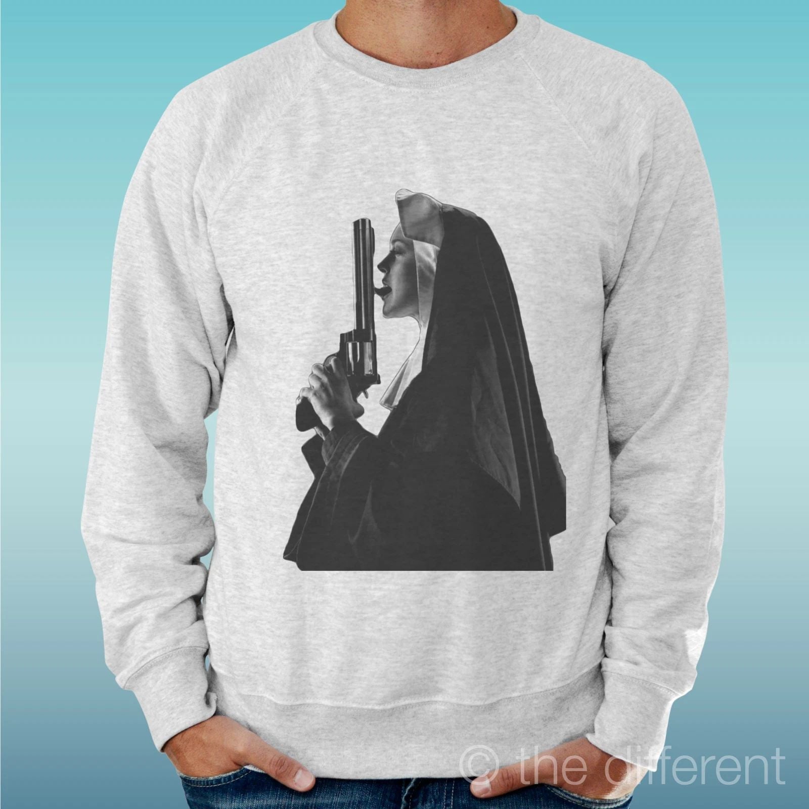 Felpa Man Light Sweater Light Grey " Nun Gun Funny Hot " Unisex T-shirt, Sweatshirt, Hoodie, Long Sleeve Tee - T-Shirt, Sweatshirt, Hoodie