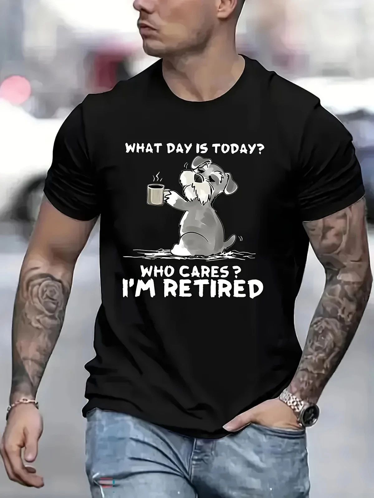 What Day Is Today Who Cares I'm Retired Funny Dog Graphic T-Shirt Unisex T-shirt, Sweatshirt, Hoodie, Long Sleeve Tee - T-Shirt, Sweatshirt, Hoodie
