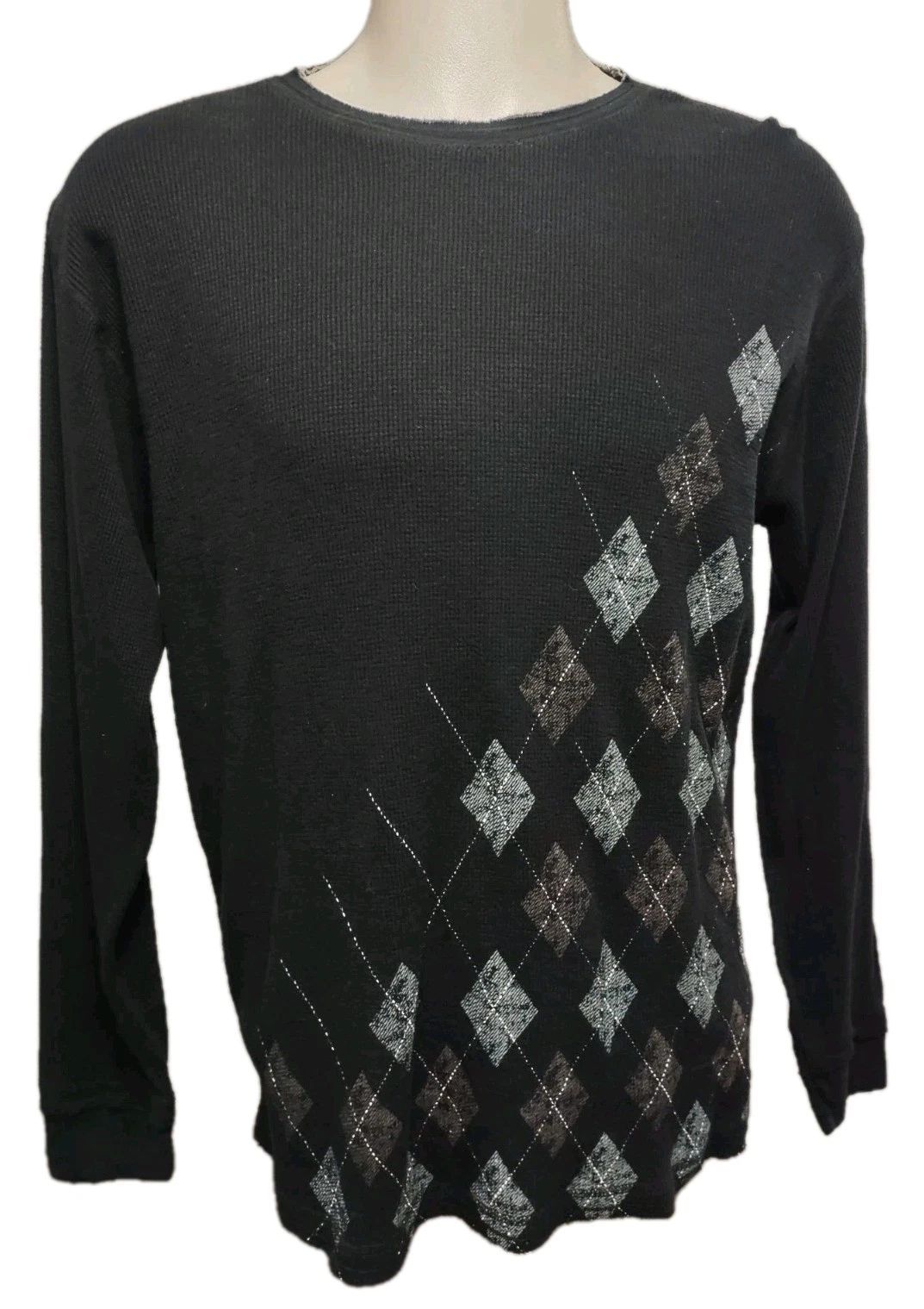 Point Zero Waffle Thermal Top Men's Large Long Sleeve Argyle Design Black Cotton Unisex T-shirt, Sweatshirt, Hoodie, Long Sleeve Tee - T-Shirt, Sweatshirt, Hoodie
