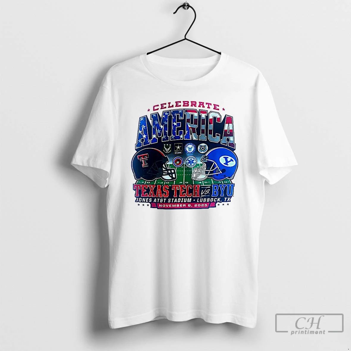 Premium Texas Tech Red Raiders Vs Byu Cougars Ncaa 2025 Celebrate America Helmet T Shirts Unisex T-shirt, Sweatshirt, Hoodie, Long Sleeve Tee - T-Shirt, Sweatshirt, Hoodie