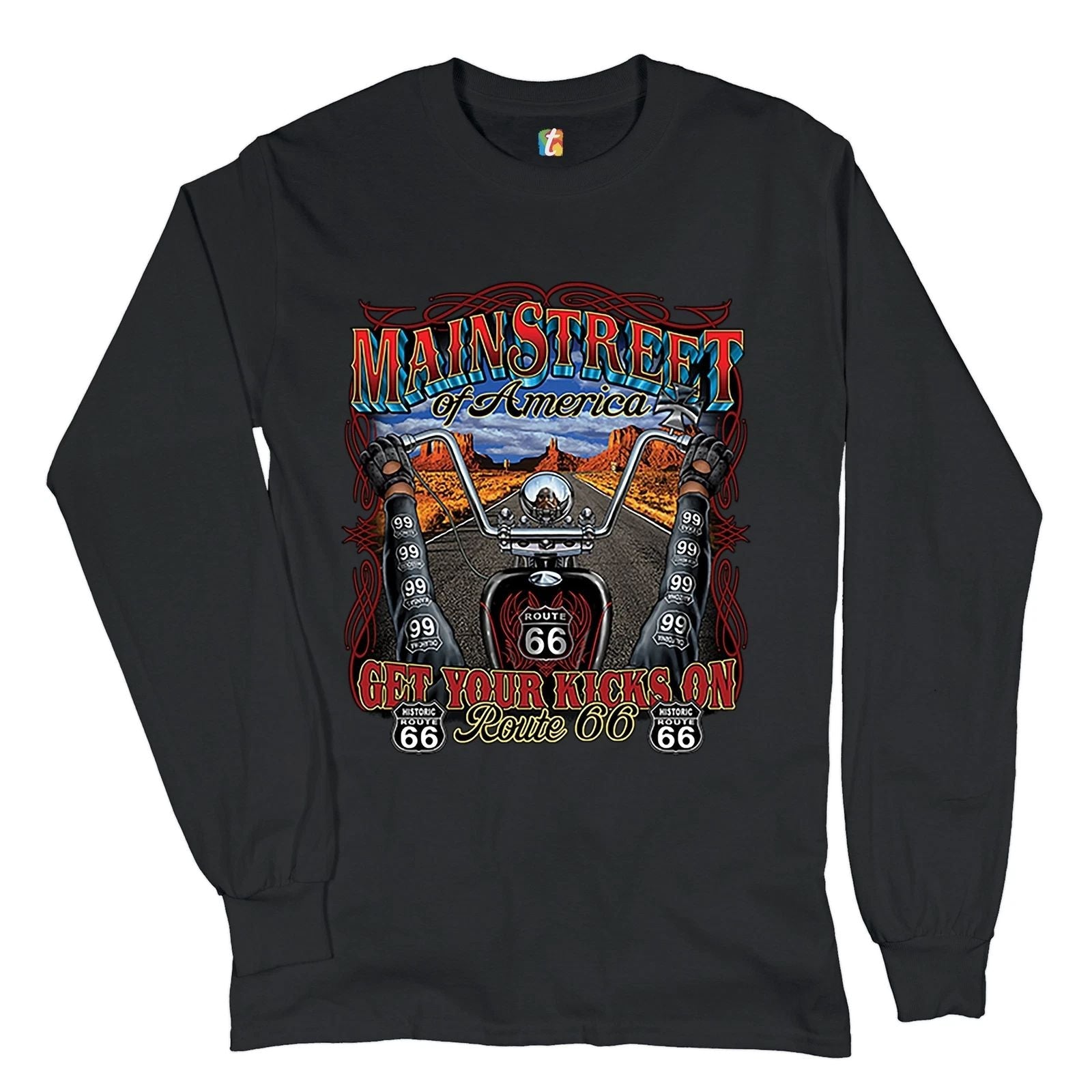 Main Street of America Long Sleeve T-shirt Get Your Kicks on Route 66 Biker Unisex T-shirt, Sweatshirt, Hoodie, Long Sleeve Tee - T-Shirt, Sweatshirt, Hoodie