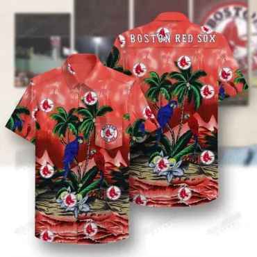 Boston Red Sox Tropical Paradise Parrot Hawaiian Shirt Unisex T-shirt, Sweatshirt, Hoodie, Long Sleeve Tee - T-Shirt, Sweatshirt, Hoodie