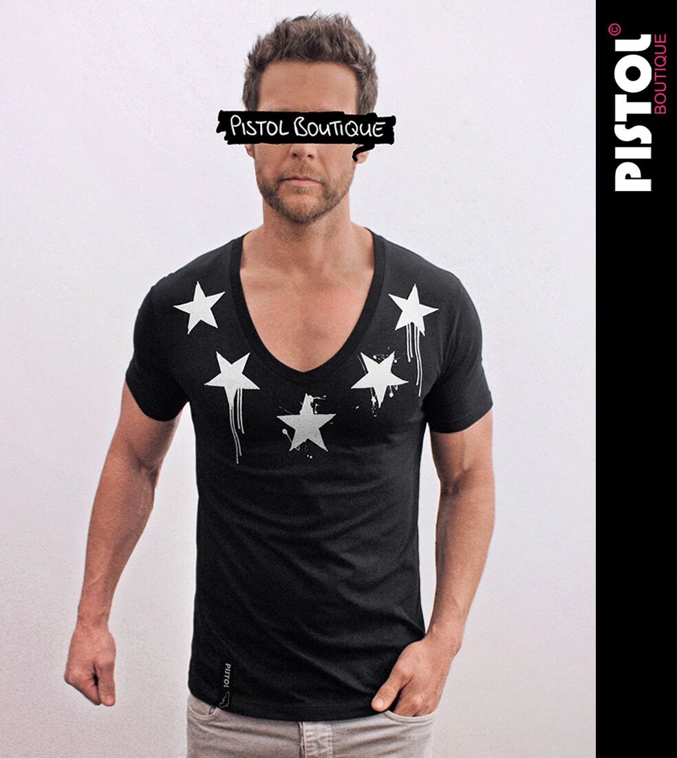Pistol Boutique men's Fitted Black Deep V neck CHEST NECK PAINT STARS T-shirt Unisex T-shirt, Sweatshirt, Hoodie, Long Sleeve Tee - T-Shirt, Sweatshirt, Hoodie