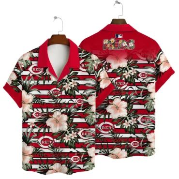 Cincinnati Reds Floral Stripes Hawaiian Shirt Unisex T-shirt, Sweatshirt, Hoodie, Long Sleeve Tee - T-Shirt, Sweatshirt, Hoodie
