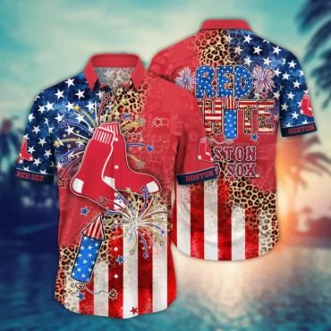 Boston Red Sox Leopard Stars & Stripes Celebration Hawaiian Shirt Unisex T-shirt, Sweatshirt, Hoodie, Long Sleeve Tee - T-Shirt, Sweatshirt, Hoodie