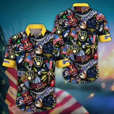 Milwaukee Brewers Tiki Celebration Hawaiian Shirt Unisex T-shirt, Sweatshirt, Hoodie, Long Sleeve Tee - T-Shirt, Sweatshirt, Hoodie