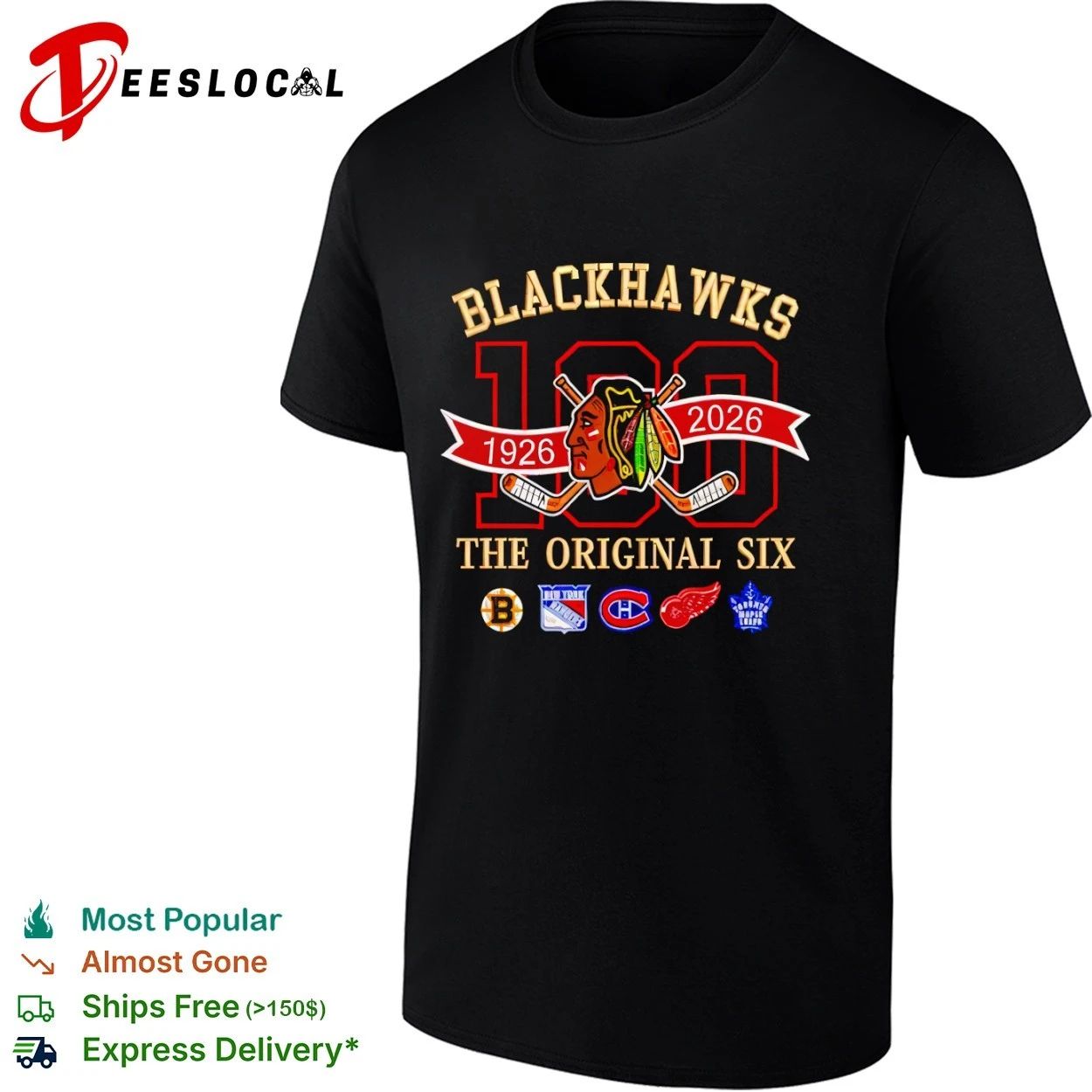 Blackhawks 100 1926 2026 The Original Six T-shirt Unisex T-shirt, Sweatshirt, Hoodie, Long Sleeve Tee - T-Shirt, Sweatshirt, Hoodie