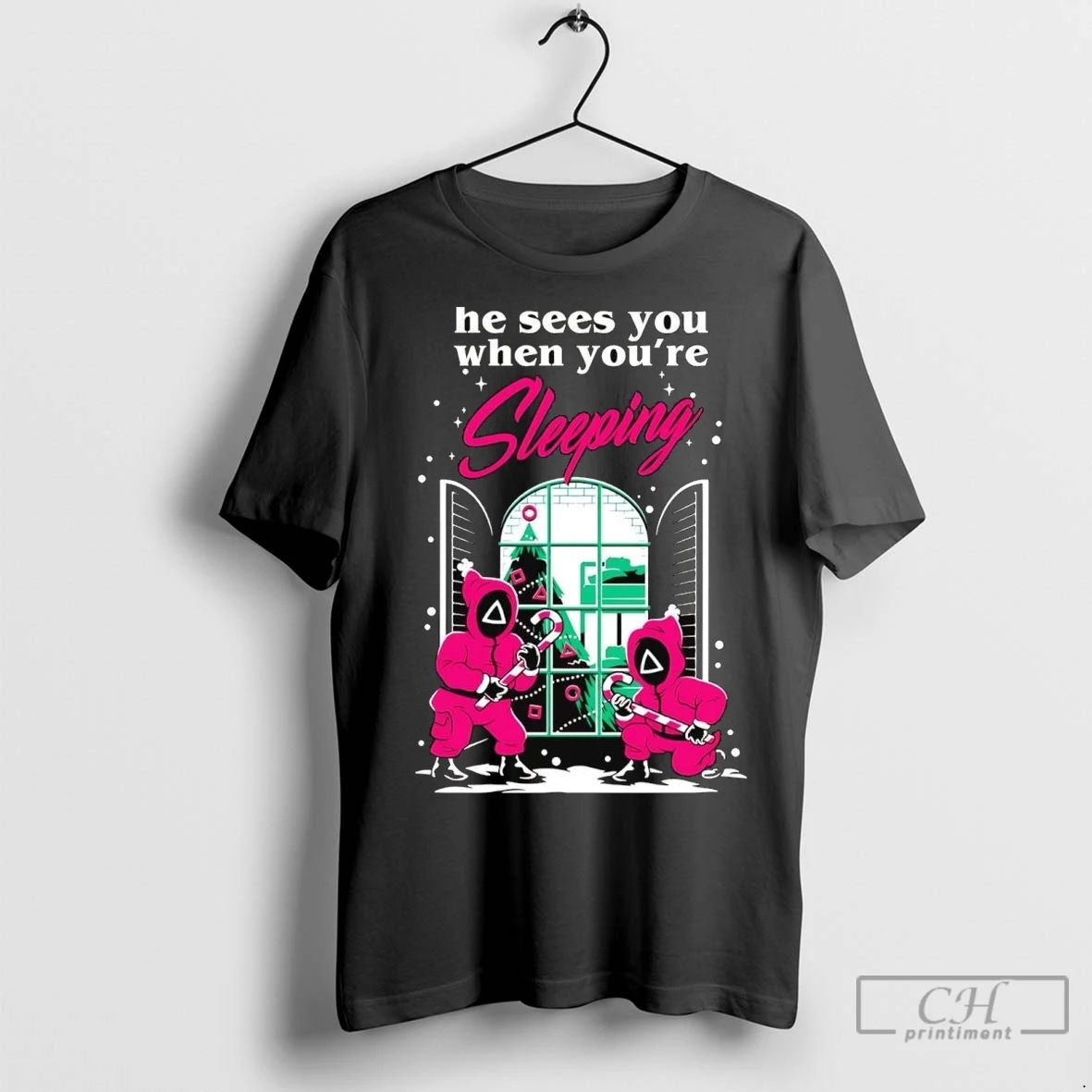 Premium Squid Games He Sees You When Youre Sleeping Christmas Unisex T-shirt, Sweatshirt, Hoodie, Long Sleeve Tee - T-Shirt, Sweatshirt, Hoodie