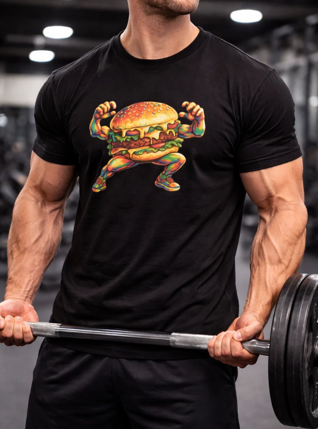 Retro Muscle Burger Character T-Shirt | Colorful Cartoon Cheeseburger Unisex T-shirt, Sweatshirt, Hoodie, Long Sleeve Tee - T-Shirt, Sweatshirt, Hoodie