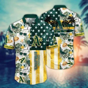 Oakland Athletics Tropical Flag Hawaiian Shirt Unisex T-shirt, Sweatshirt, Hoodie, Long Sleeve Tee - T-Shirt, Sweatshirt, Hoodie