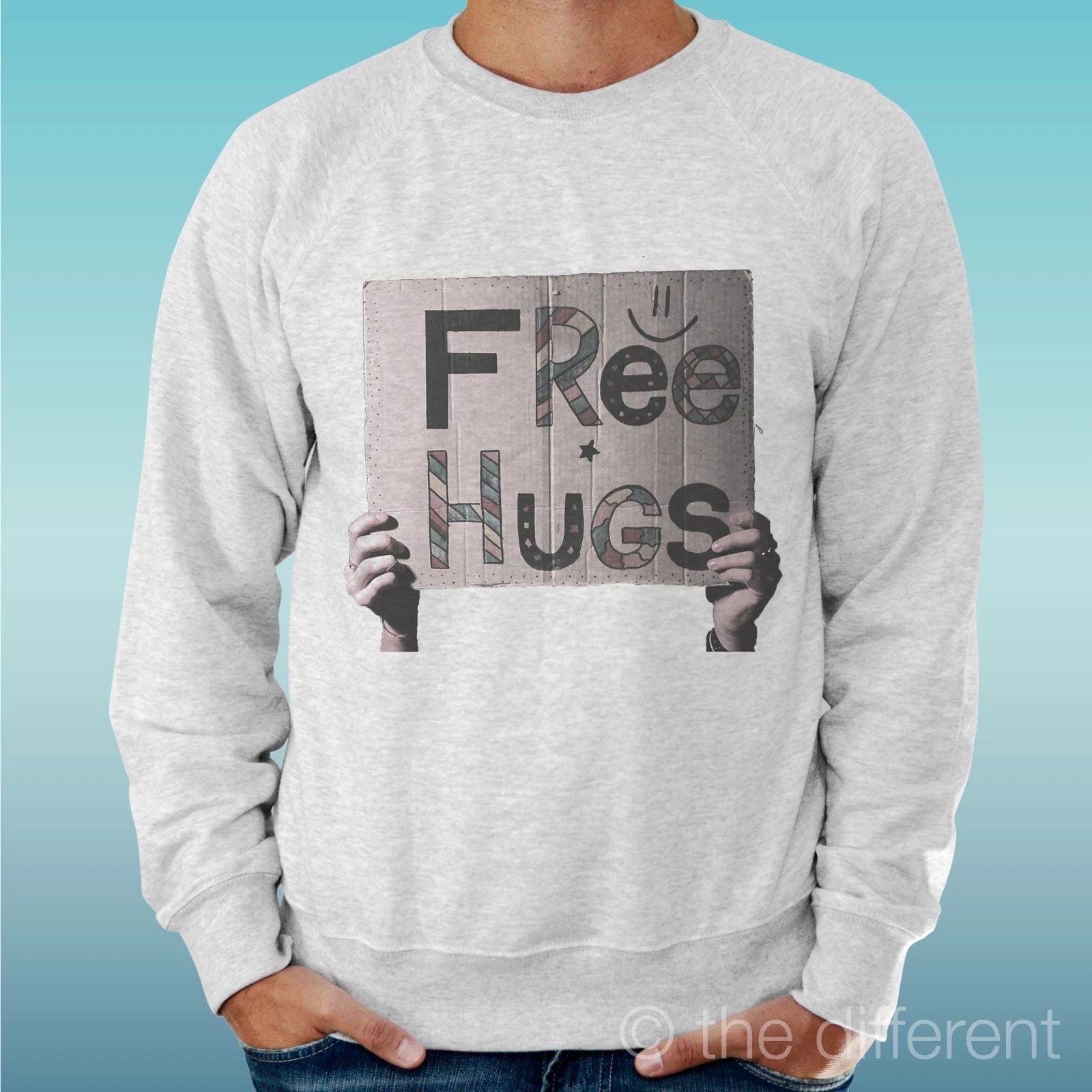Felpa Man Light Sweater Light Grey " Free Hugs " Road To Happiness Unisex T-shirt, Sweatshirt, Hoodie, Long Sleeve Tee - T-Shirt, Sweatshirt, Hoodie