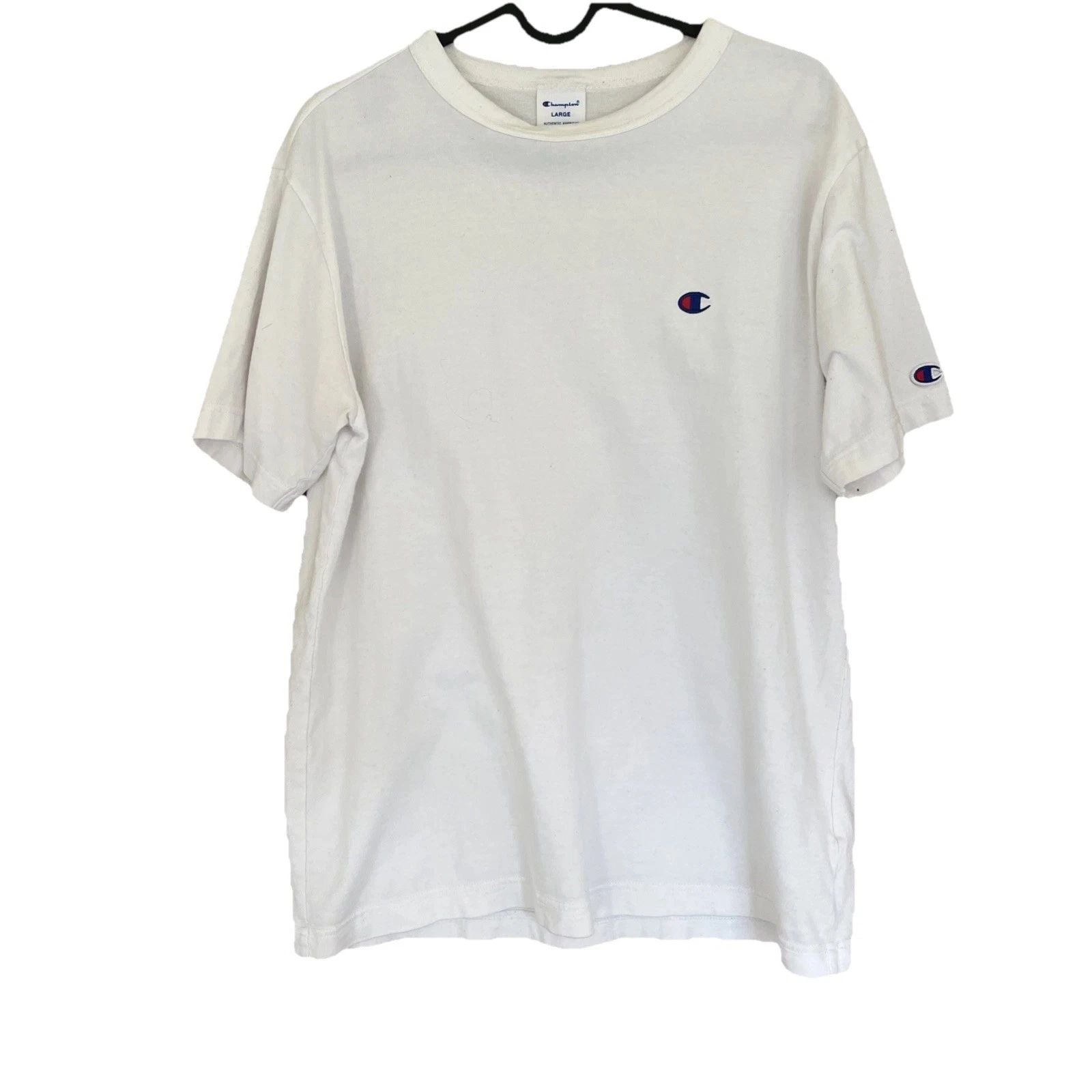 Champion T-shirts One point Logo embroidery Simple Solid Size L White Unisex T-shirt, Sweatshirt, Hoodie, Long Sleeve Tee - T-Shirt, Sweatshirt, Hoodie