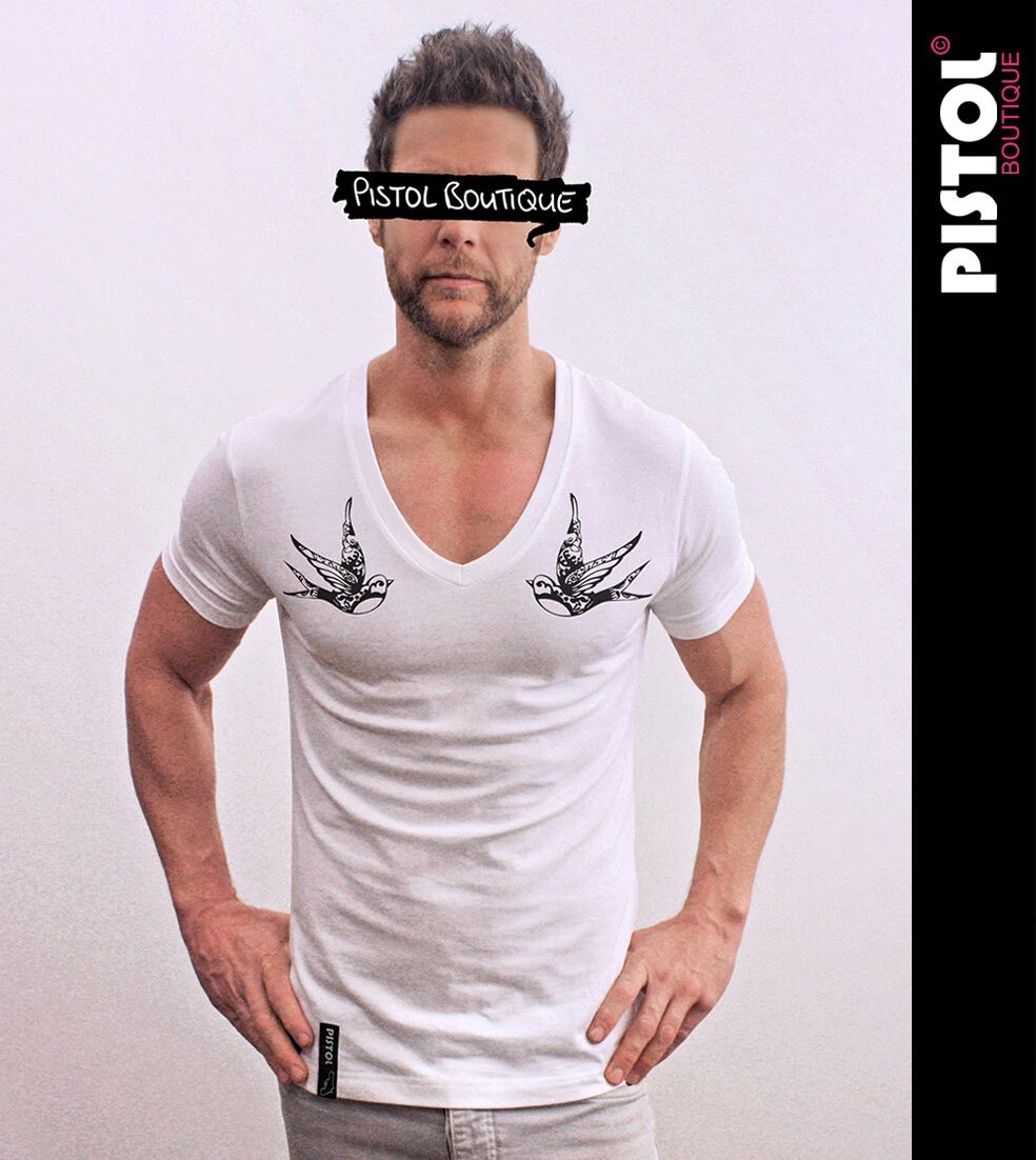 Pistol Boutique T-Shirt Da Uomo Fitted Bianco Deep V Neck Chest Tattoo Swallows Unisex T-shirt, Sweatshirt, Hoodie, Long Sleeve Tee - T-Shirt, Sweatshirt, Hoodie