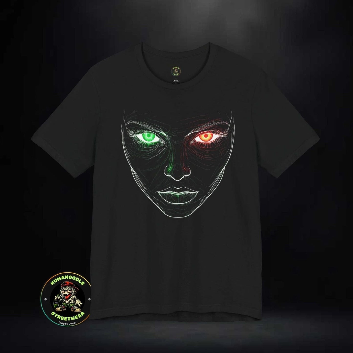Evil Face Sketch T-Shirt | Minimal Line Art, Green Red Eyes Unisex T-shirt, Sweatshirt, Hoodie, Long Sleeve Tee - T-Shirt, Sweatshirt, Hoodie