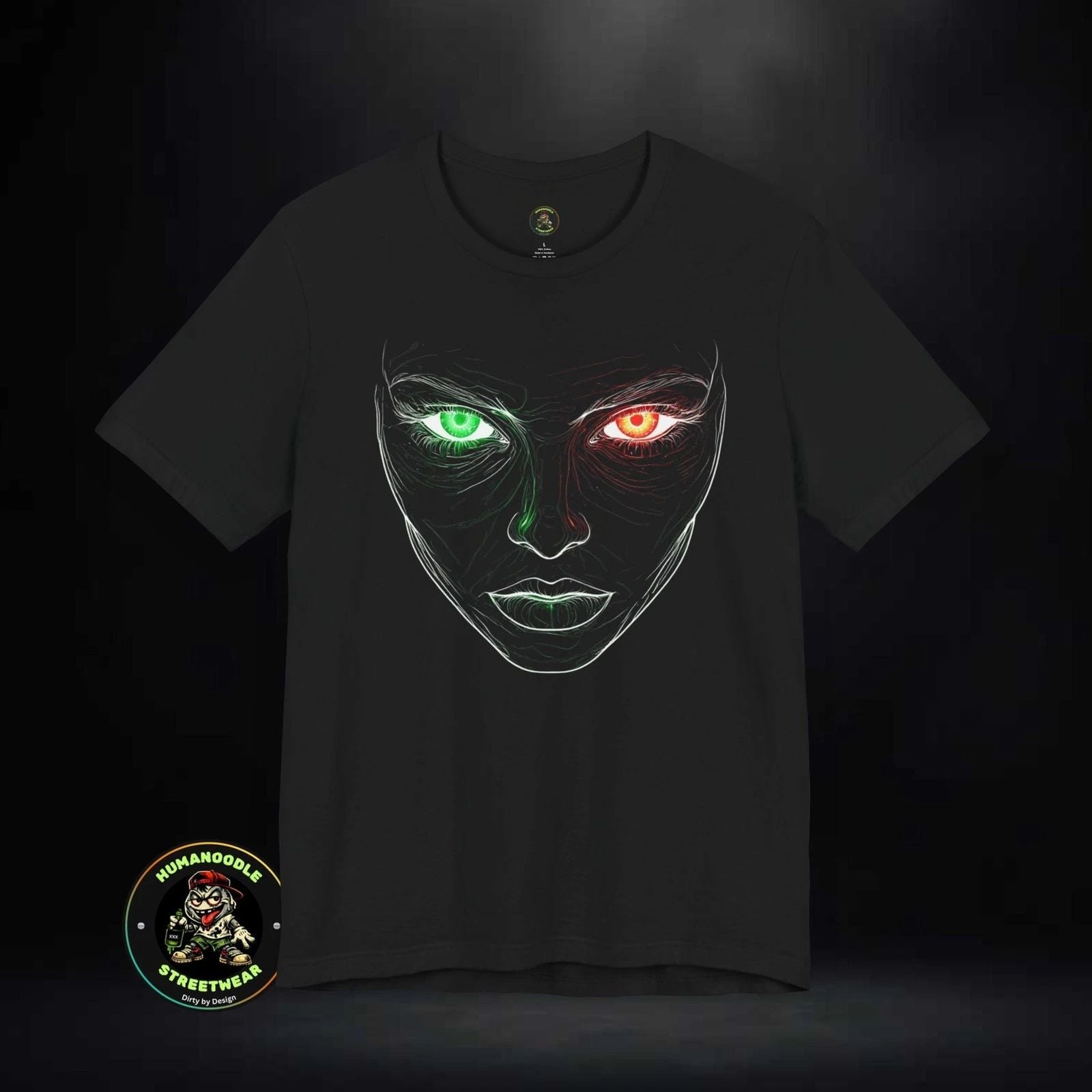 Evil Face Sketch T-Shirt | Minimal Line Art, Green Red Eyes Unisex T-shirt, Sweatshirt, Hoodie, Long Sleeve Tee - T-Shirt, Sweatshirt, Hoodie