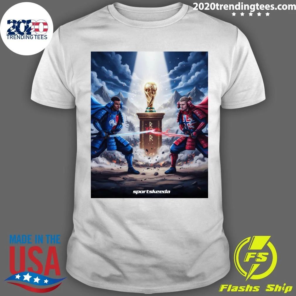 Kylian Mbapp and Erling Haaland Football Rivals Battle for the Championship Trophy Fantasy Artwork Shirt - T-Shirt, Sweatshirt, Hoodie
