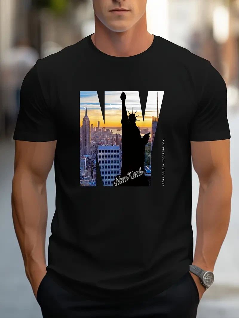 Men Stylish NYC-Inspired T-Shirt Patriotic Print Short Sleeve Breathable Black Unisex T-shirt, Sweatshirt, Hoodie, Long Sleeve Tee - T-Shirt, Sweatshirt, Hoodie