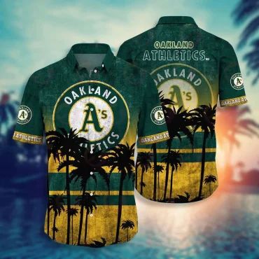 Oakland Athletics Sunset Palms Hawaiian Shirt Unisex T-shirt, Sweatshirt, Hoodie, Long Sleeve Tee - T-Shirt, Sweatshirt, Hoodie