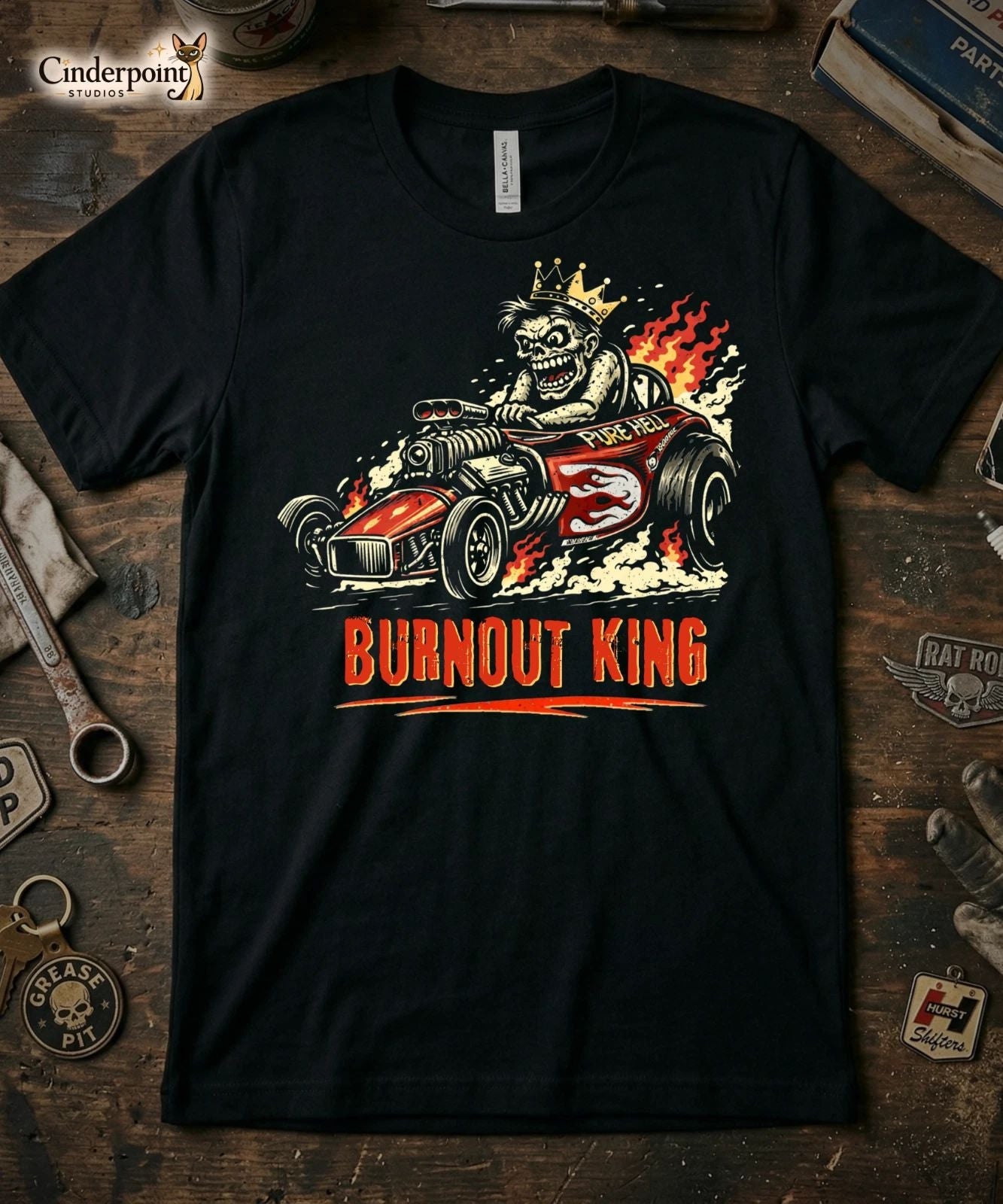 Burnout King Lowbrow Zombie T-Shirt Retro Drag Race Graphic Tee Rat Rod XS-5X Unisex T-shirt, Sweatshirt, Hoodie, Long Sleeve Tee - T-Shirt, Sweatshirt, Hoodie